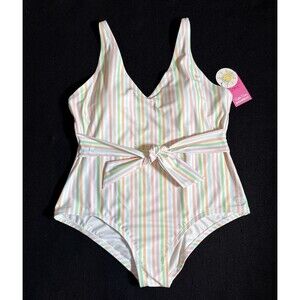 Ruffle Butts Rainbow Pastel Stripe V neck 1-Piece Swimsuit Size XL NWT Tie Waist